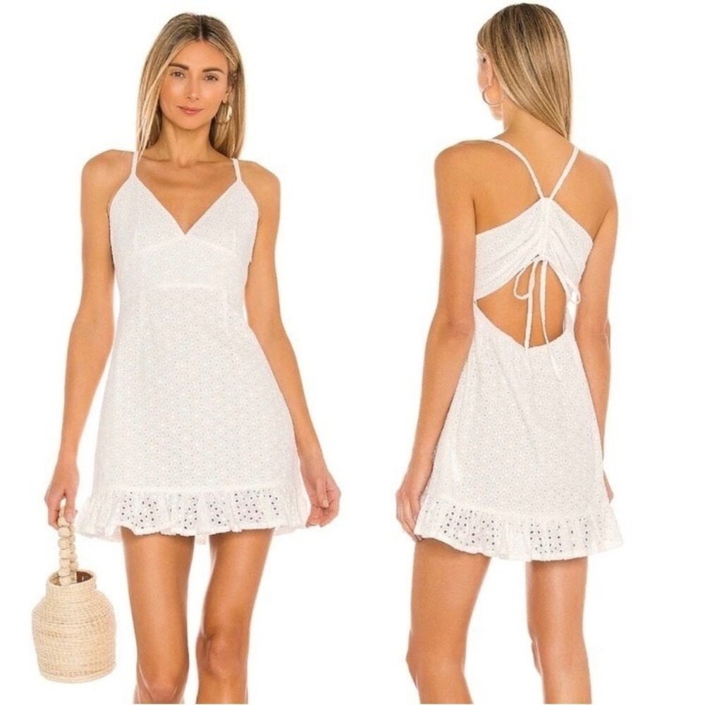 MINKPINK Juliana Eyelet Mini Dress Womens XS White Ruffle Cottagecore Vacay NWT